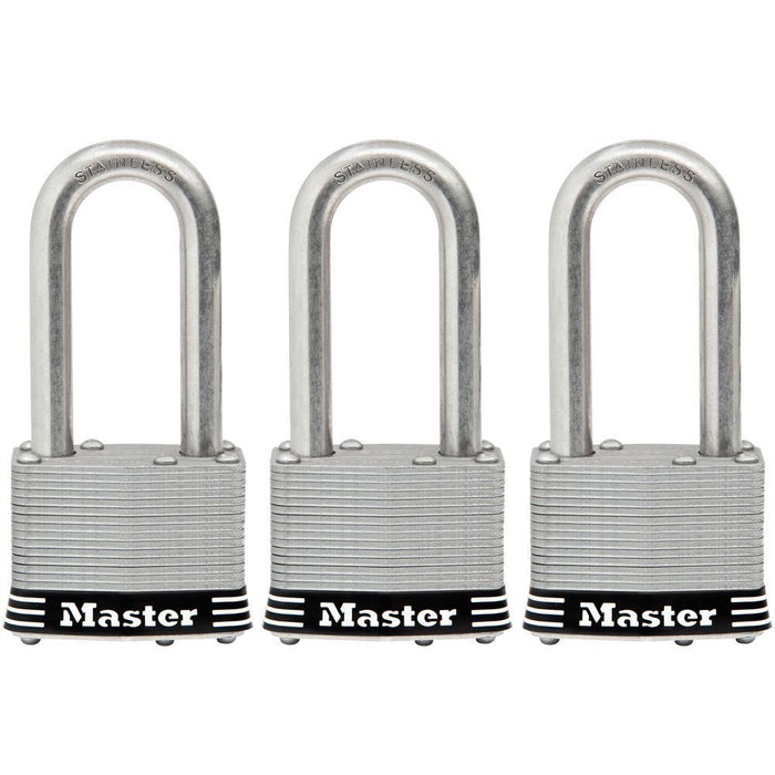Master Lock 1SSTRI 1-3/4in (44mm) Wide Laminated Stainless Steel Padlock with 2in (51mm) Shackle; 3 Pack-Keyed-Master Lock-1SSTRILH-LockPeople.com