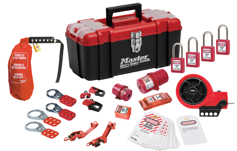 Master Lock 1457E410KAPRE Lockout Toolbox with Premier Electrical Device Assortment and four Zenex™ Thermoplastic Padlocks