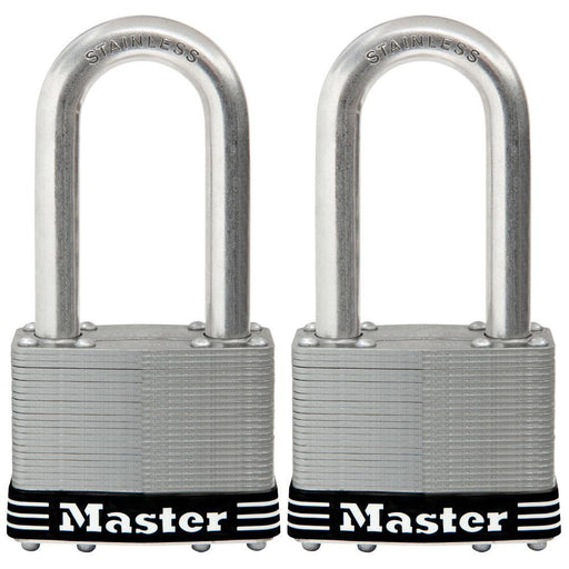 Master Lock 15SSTLJ 2-1/2in (64mm) Wide Laminated Stainless Steel Padlock with 2-1/2in (64mm) Shackle, 2 Pack-Keyed-Master Lock-15SSTLJ-LockPeople.com