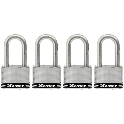 Master Lock 1SSQ 1-3/4in (44mm) Wide Laminated Stainless Steel Padlock with 1-1/2in (38mm) Shackle; 4 pack-Keyed-Master Lock-1SSQLF-LockPeople.com