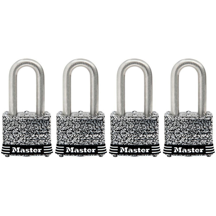 Master Lock 3SSQ 1-9/16in (40mm) Wide Laminated Stainless Steel Padlock with 1-1/2in (38mm) Shackle; 4 Pack-Keyed-Master Lock-3SSQLF-LockPeople.com