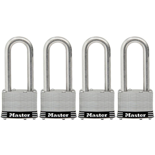 Master Lock 5SSQ 2in (51mm) Wide Laminated Stainless Steel Padlock with 2-1/2in (64mm) Shackle; 4 Pack-Keyed-Master Lock-5SSQLJ-LockPeople.com