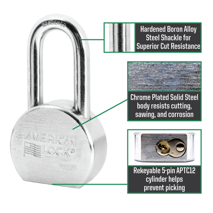 American Lock A701 2-1/2in (64mm) Solid Steel Rekeyable Padlock, Chrome Plated, with 2in (51mm) Shackle-Keyed-American Lock-LockPeople.com