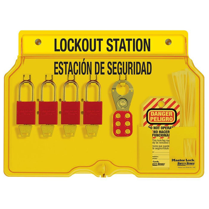 Master Lock 1482BP1106ES 4-Lock Padlock Station, English/Spanish, Anodized Aluminum Padlocks-Keyed-Master Lock-1482BP1106ES-LockPeople.com