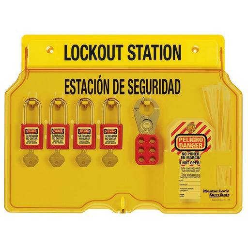 Master Lock 1482BP410ES 4-Lock Padlock Station, English/Spanish, Zenex™ Thermoplastic Padlocks-Keyed-Master Lock-1482BP410ES-LockPeople.com