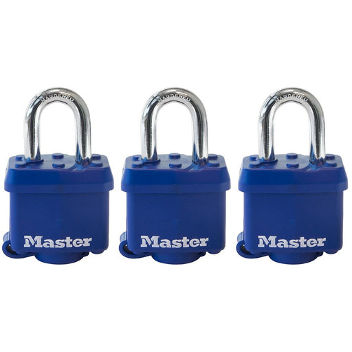 Master Lock 312TRI Covered Laminated Steel Padlock; Blue; 3 Pack 1-9/16in (40mm) Wide-Keyed-Master Lock-312TRI-LockPeople.com