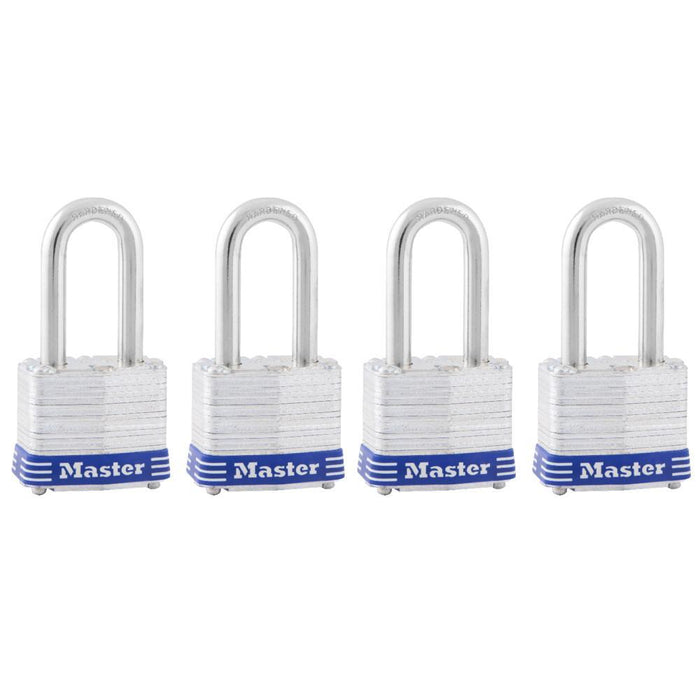 Master Lock 3Q 1-9/16in (40mm) Wide Laminated Steel Padlock with 1-1/2 (38mm) Shackle; 4 Pack-Keyed-Master Lock-3QLF-LockPeople.com