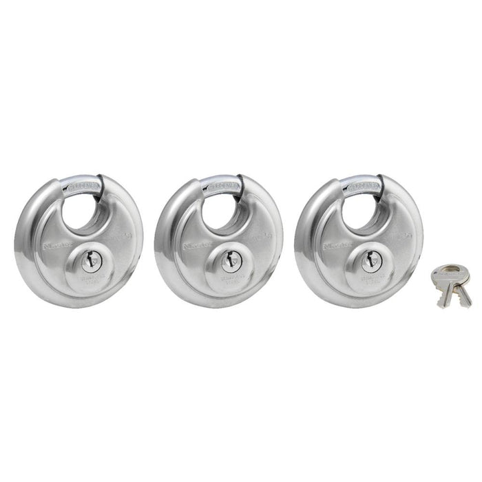 Master Lock 40TRI wide stainless steel shrouded padlock, 3-pack 2-3/4in (70mm) Wide-Keyed-Master Lock-40TRI-LockPeople.com