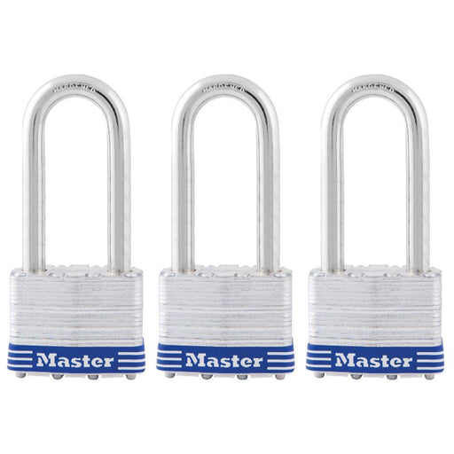 Master Lock 5TRI 2in (51mm) wide laminated steel padlock, 2-1/2in (64mm) shackle, 3-pack-Keyed-Master Lock-5TRILJ-LockPeople.com