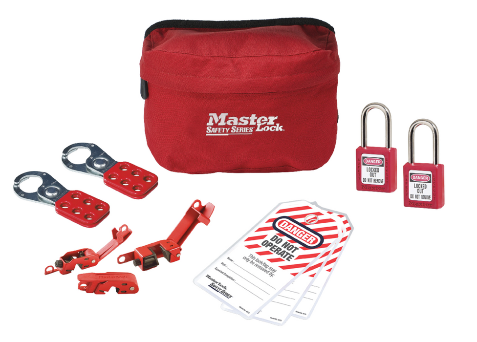 Master Lock S1010E410KABAS Lockout Pouch with Basic Electrical Device Assortment and two Zenex™ Thermoplastic Padlocks