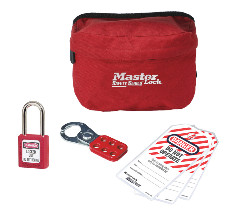 Master Lock S1010P410 Lockout Pouch with one Zenex™ Thermoplastic Padlock, one Steel Hasp and three Safety Tags