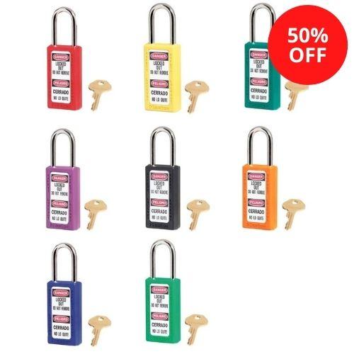 Master Lock 411AST Multicolored 8-Pack of Zenex™ Thermoplastic Safety Padlock, 1-1/2in (38mm) Wide with 1-1/2in (38mm) Tall Shackle-Keyed-Master Lock-411AST-LockPeople.com